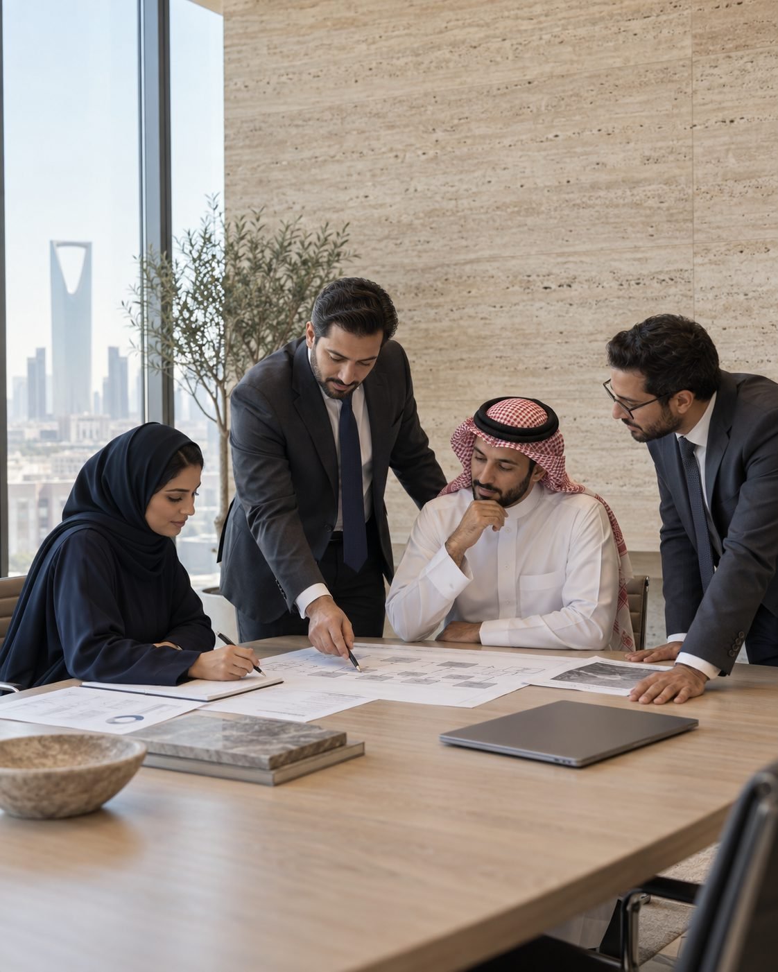 A GES consultant pointing at a process diagram on the table while a client executive and two colleagues review it