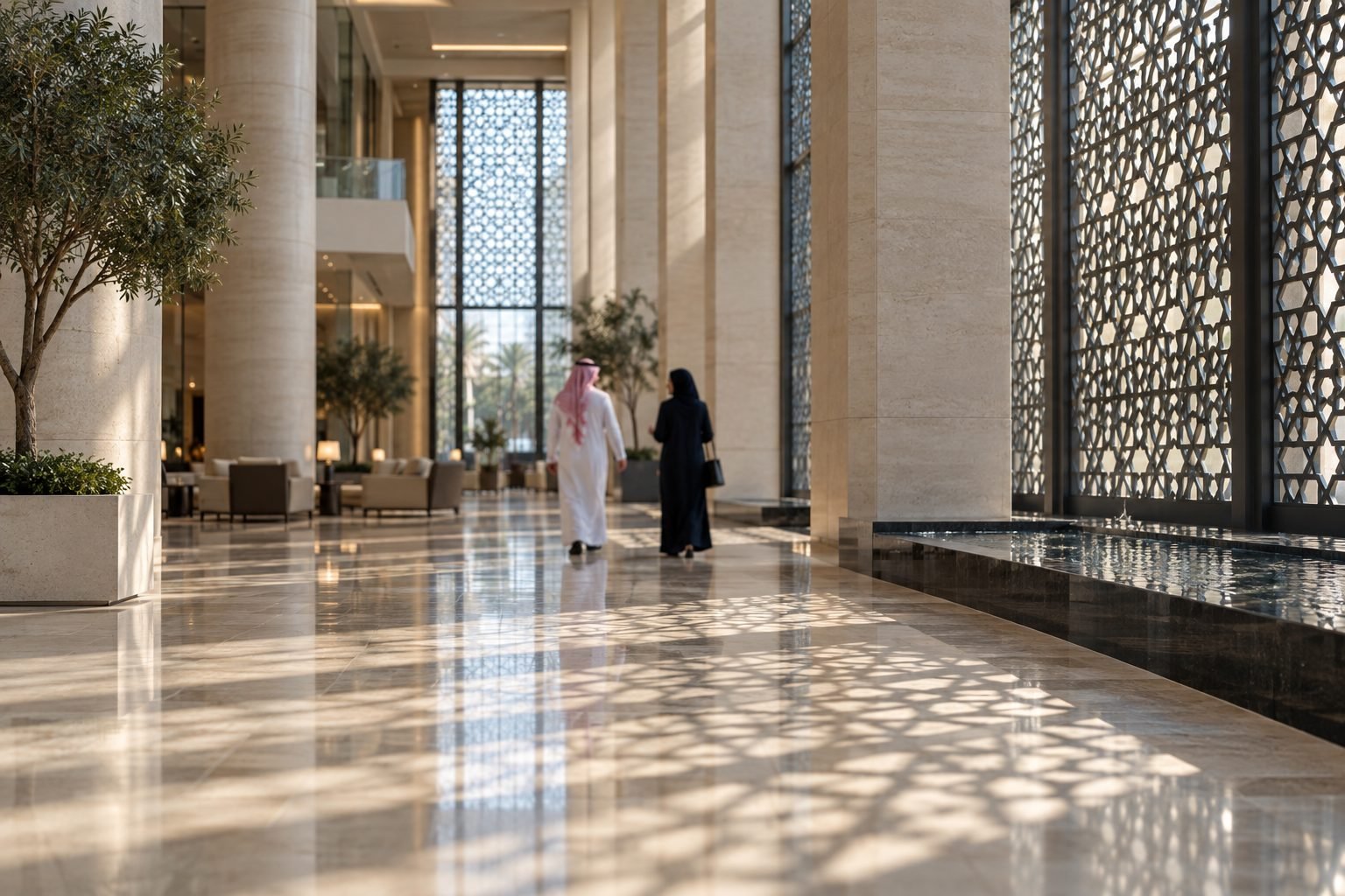 Atrium of a bank headquarters with a mashrabiya screen casting patterned daylight across a stone floor