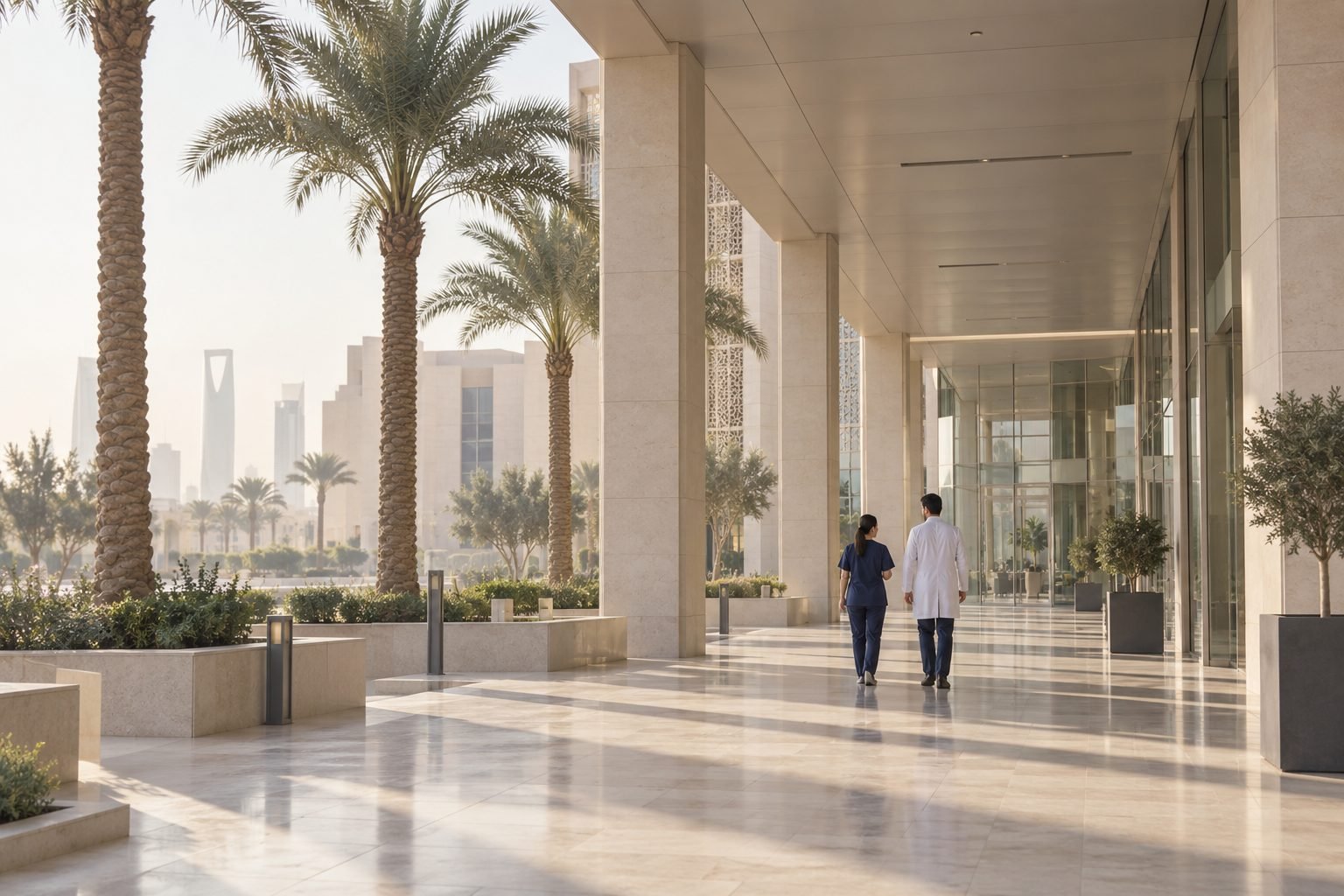 Covered walkway of a hospital campus in Riyadh at early morning, two clinicians walking between palms