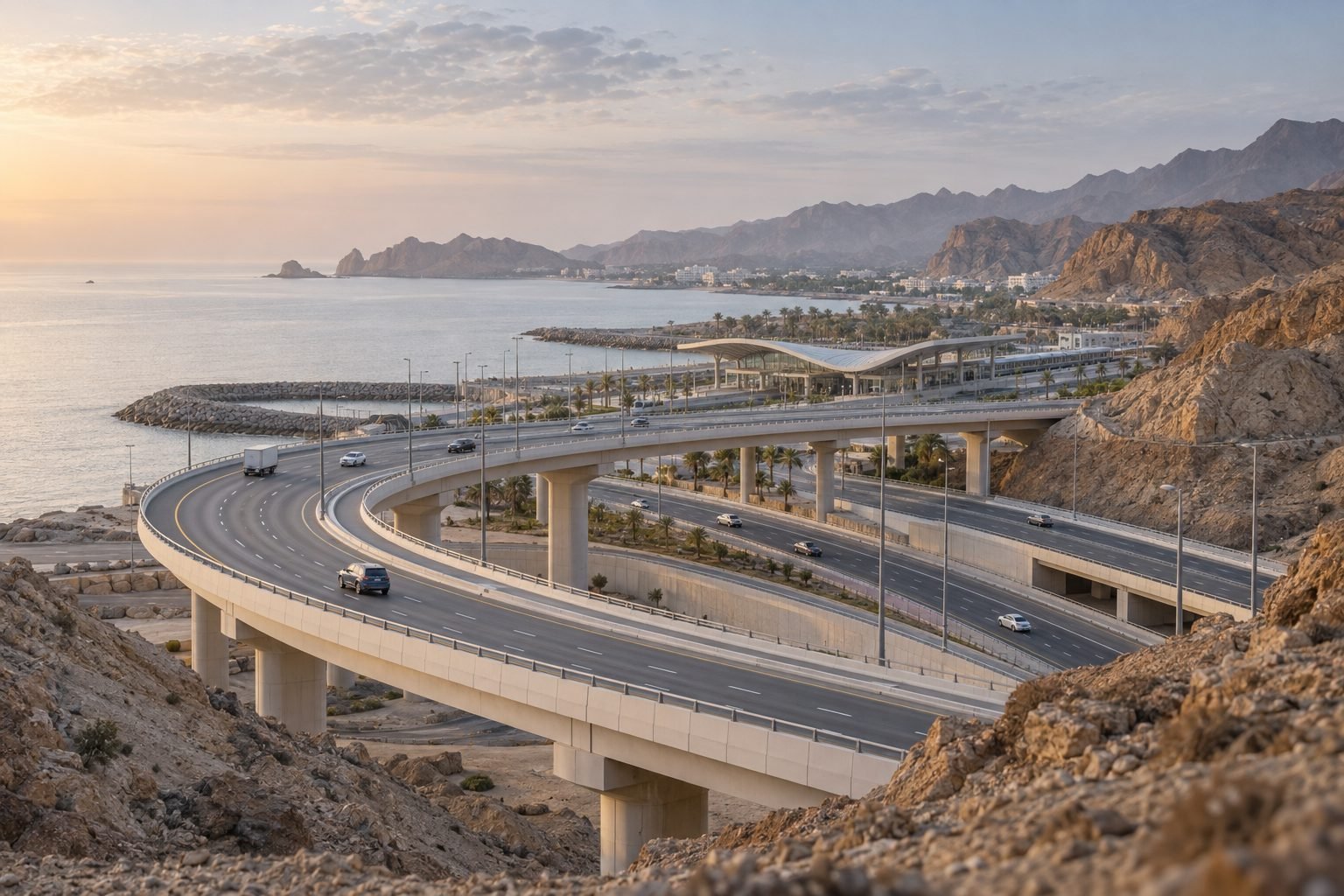 Coastal highway interchange and station canopy at dawn, rocky hills behind